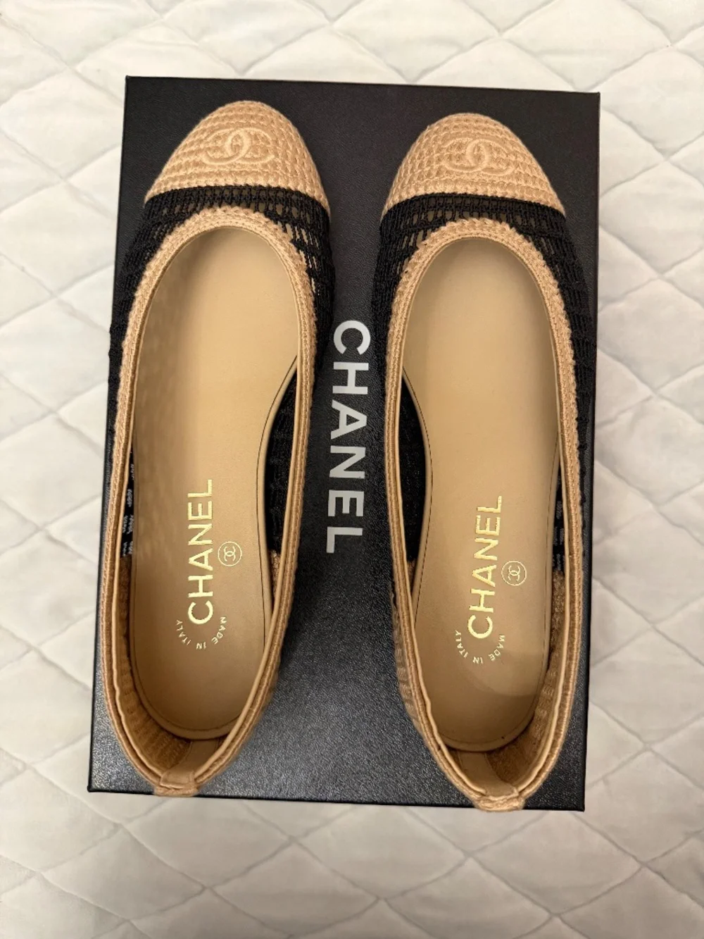 Brand new Chanel beige/black ballet flats
